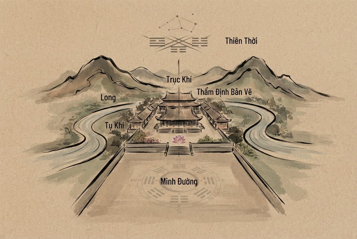 Minh hoạ Nguyên lý quy hoạch kiến trúc phong thuỷ trong Thẩm Định Bản Vẽ