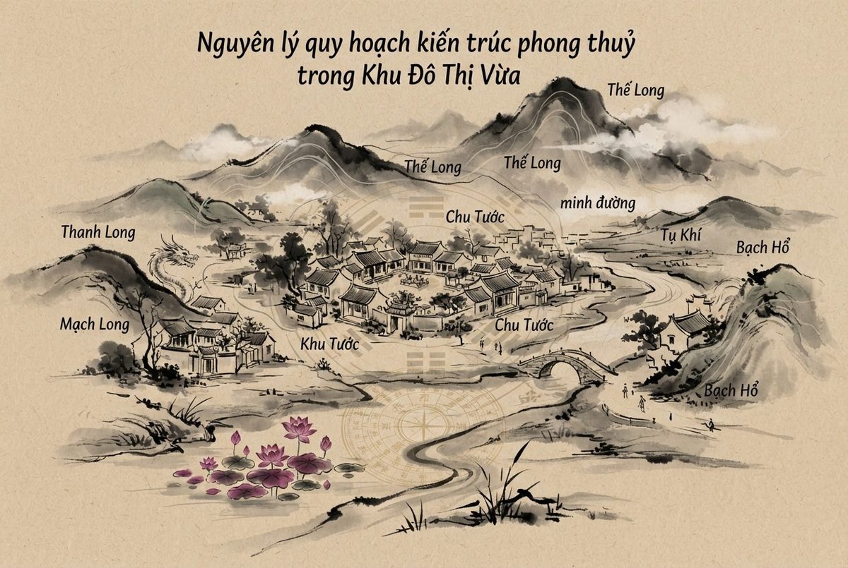 Minh hoạ Nguyên lý quy hoạch kiến trúc phong thuỷ trong Khu Đô Thị Vừa