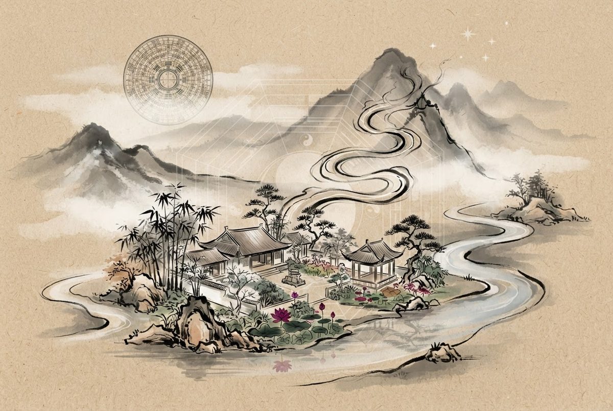 Minh hoạ Thầy Vũ Giới luận Nhà Vườn Thuỷ Mạch — kiến trúc phong thuỷ Á Đông