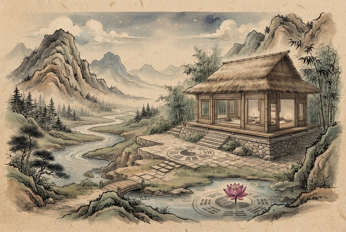 Minh hoạ Không Gian Thiền theo kiến trúc bền vững, thân thiện môi trường