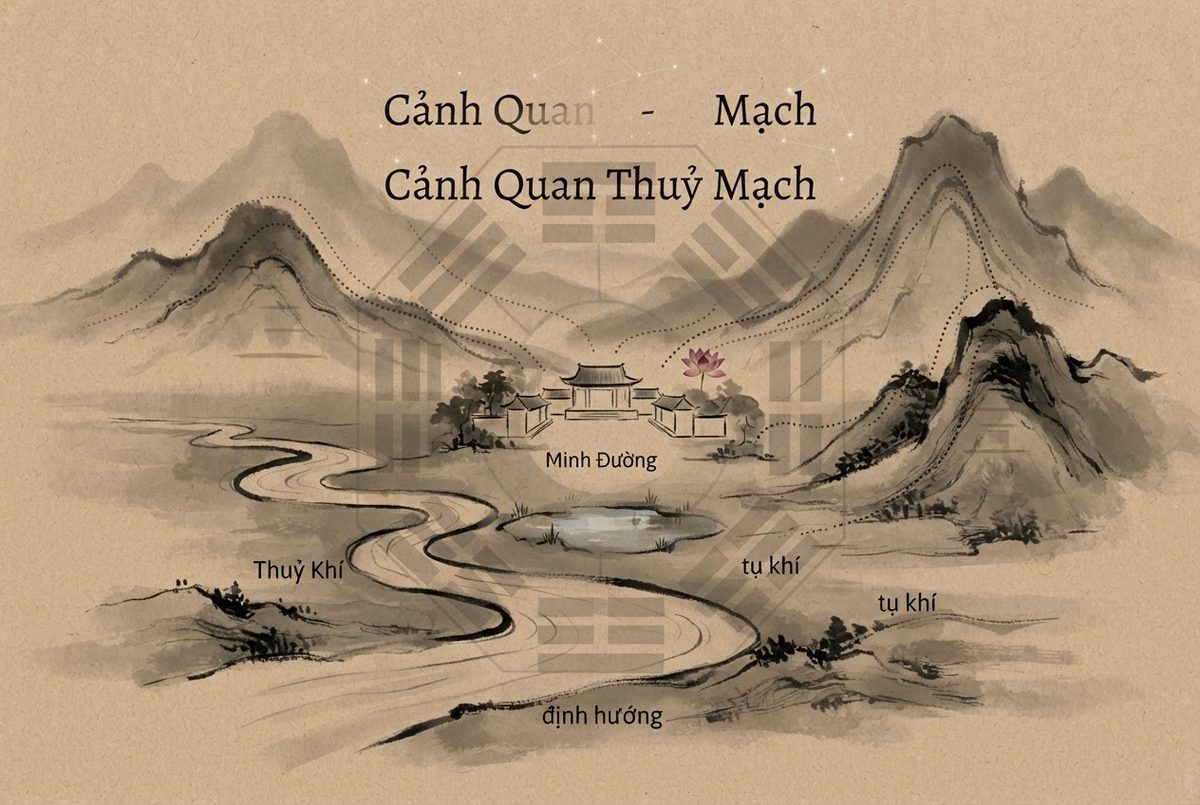 Minh hoạ Nguyên lý quy hoạch kiến trúc phong thuỷ trong Cảnh Quan Thuỷ Mạch