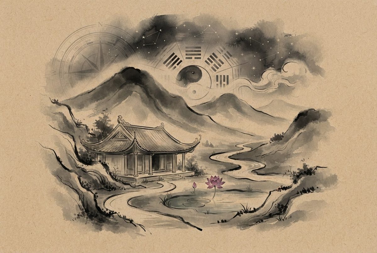 Minh hoạ Bàn Thờ — Không Gian Tĩnh: phong thuỷ quy hoạch và quy hoạch kiến trúc hài hoà
