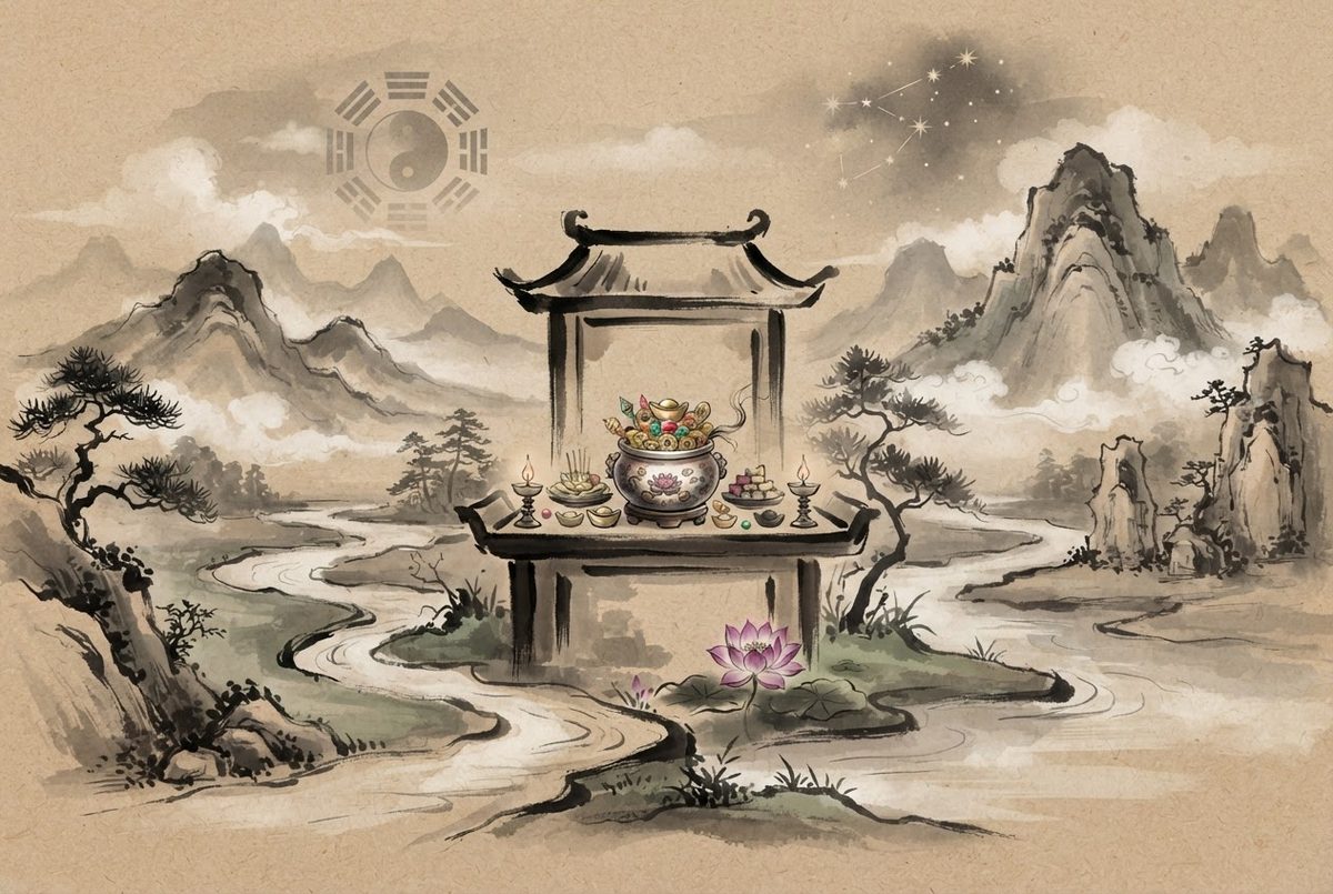 Minh hoạ Đặt Bồn Tụ Bảo tại Bàn Thờ Thần Tài Thổ Địa