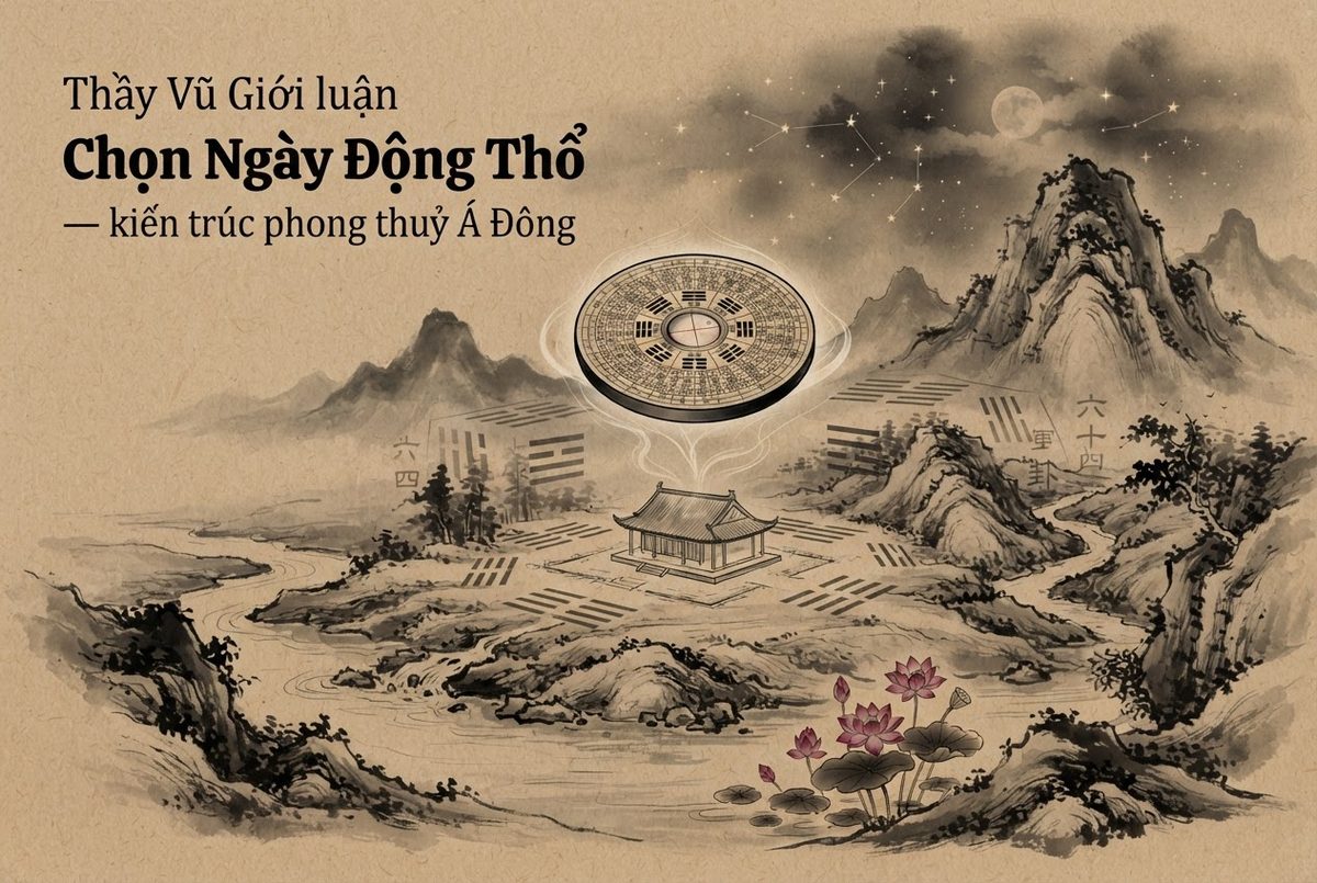 Minh hoạ Thầy Vũ Giới luận Chọn Ngày Động Thổ — kiến trúc phong thuỷ Á Đông