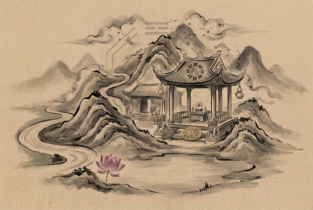 Minh hoạ Thầy Vũ Giới luận Vật Phẩm Trấn Trạch — kiến trúc phong thuỷ Á Đông