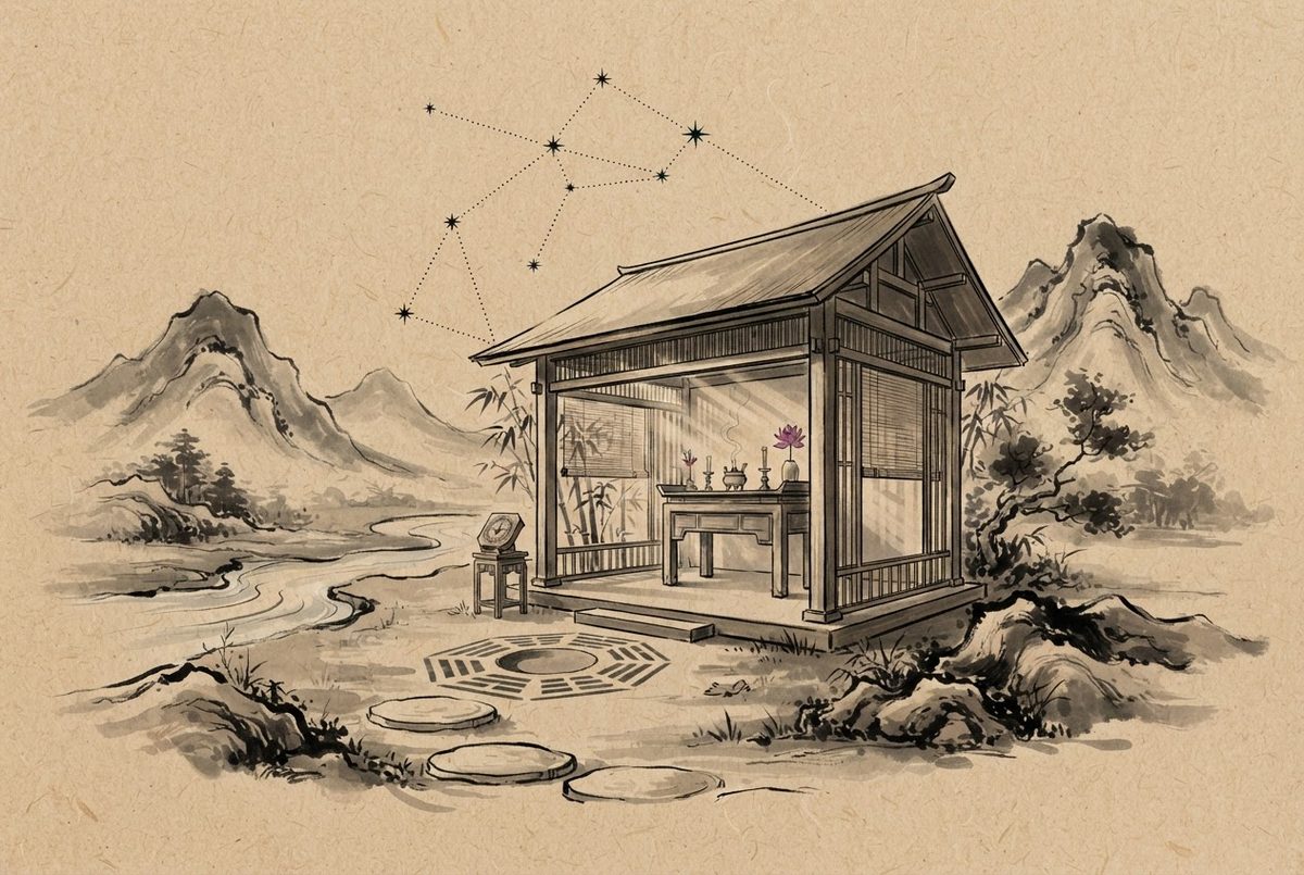 Minh hoạ Bàn Thờ — Không Gian Tĩnh theo kiến trúc bền vững, thân thiện môi trường
