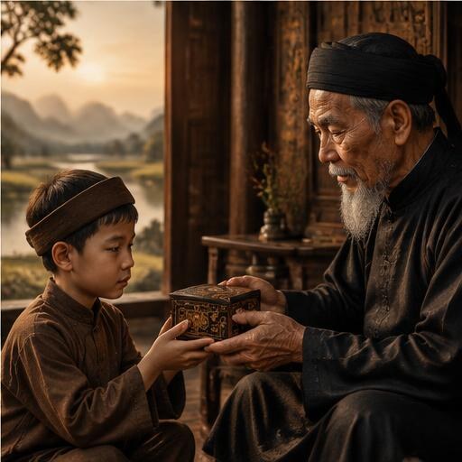 Người già trao kỷ vật cho trẻ nhỏ