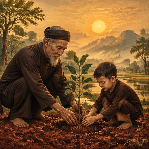 Ông và cháu cùng trồng cây