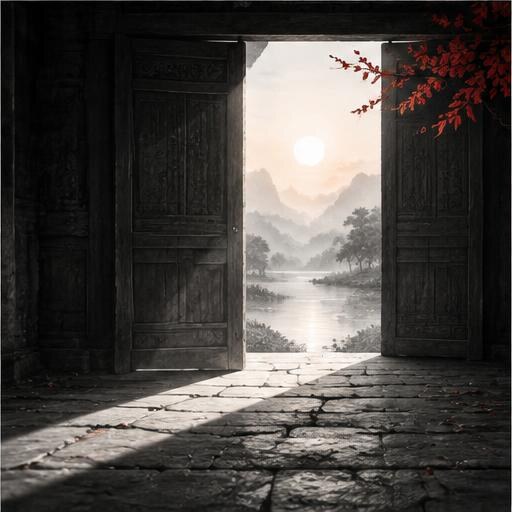 Ánh bình minh qua cửa gỗ tối