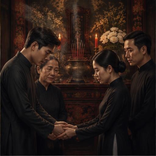 Anh chị em nắm tay trước bàn thờ