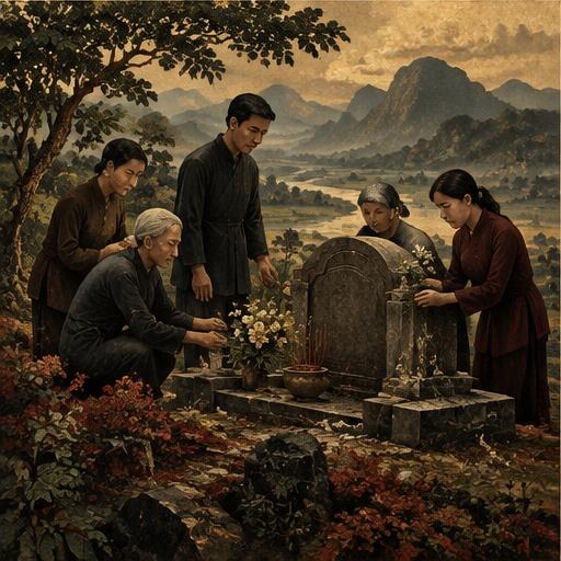 Gia đình chăm sóc mộ tổ