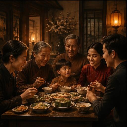 Gia đình dùng bữa sau lễ cúng