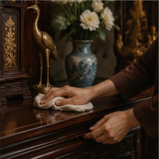 Chăm lau bàn thờ bằng khăn sạch
