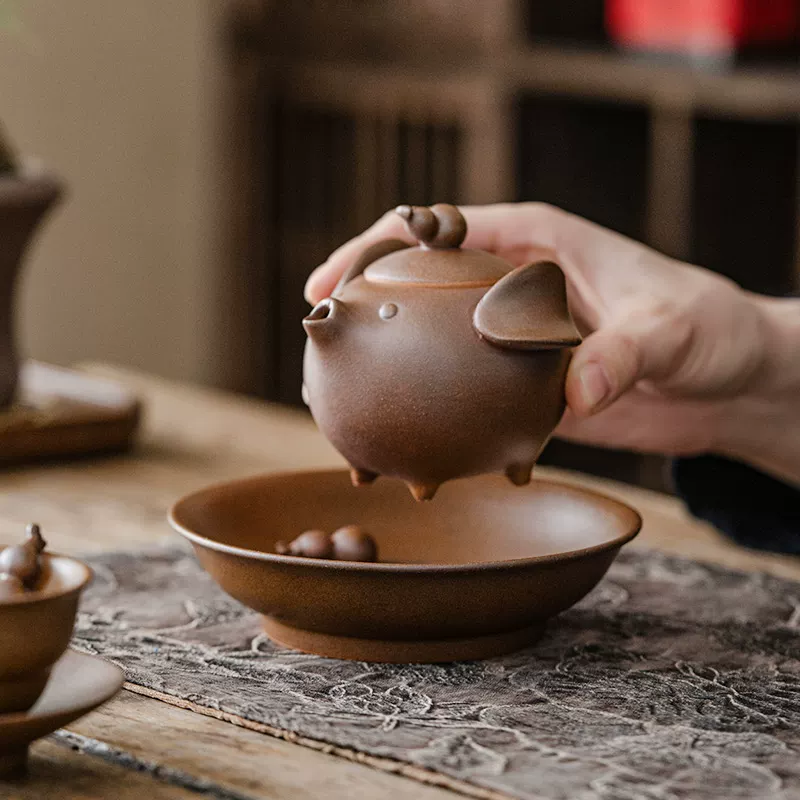 Ấm Trà Hồ Lô Heo May Mắn Gốm Thô Men Tương Cổ Điển — ảnh phụ 2