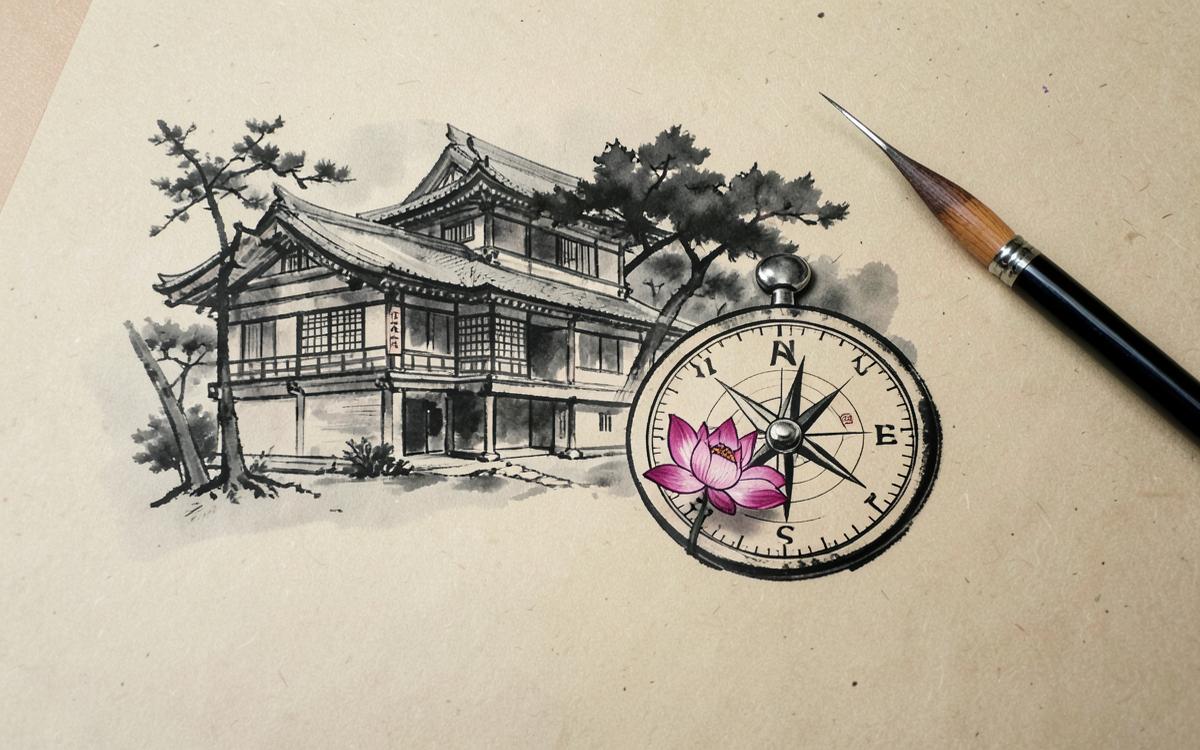 La bàn, nhà cổ và bút lông minh hoạ ứng dụng thiên can trong phong thuỷ